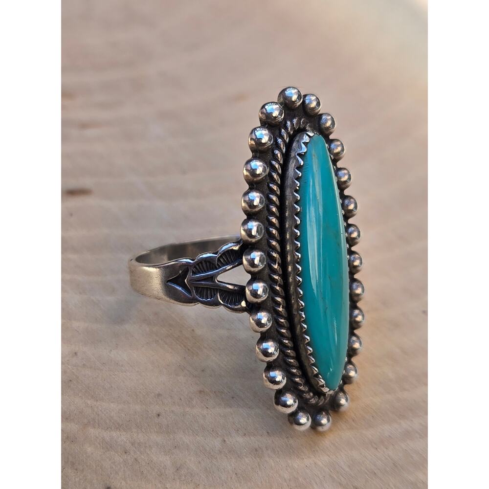 Vintage Navajo Fred Harvey Era 925 Sterling Silver Elongated Turquoise Ring, 7 - Picture 7 of 9
